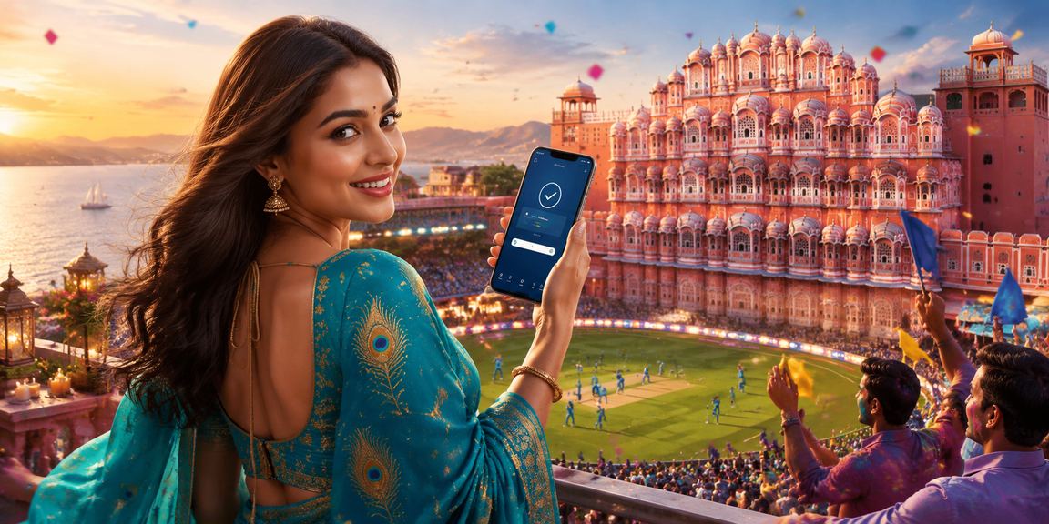 Female cricket fan placing bets outside Hawa Mahal, Jaipur